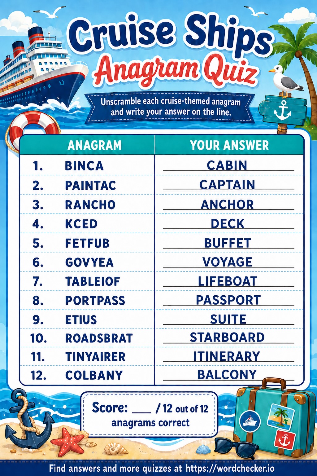 Cruise Ship Anagram Quiz Answer Sheet