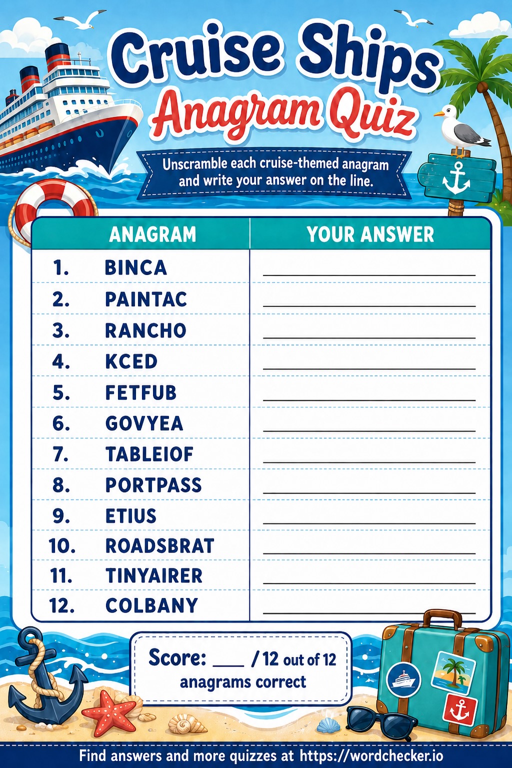 Cruise Ship Anagram Quiz Worksheet
