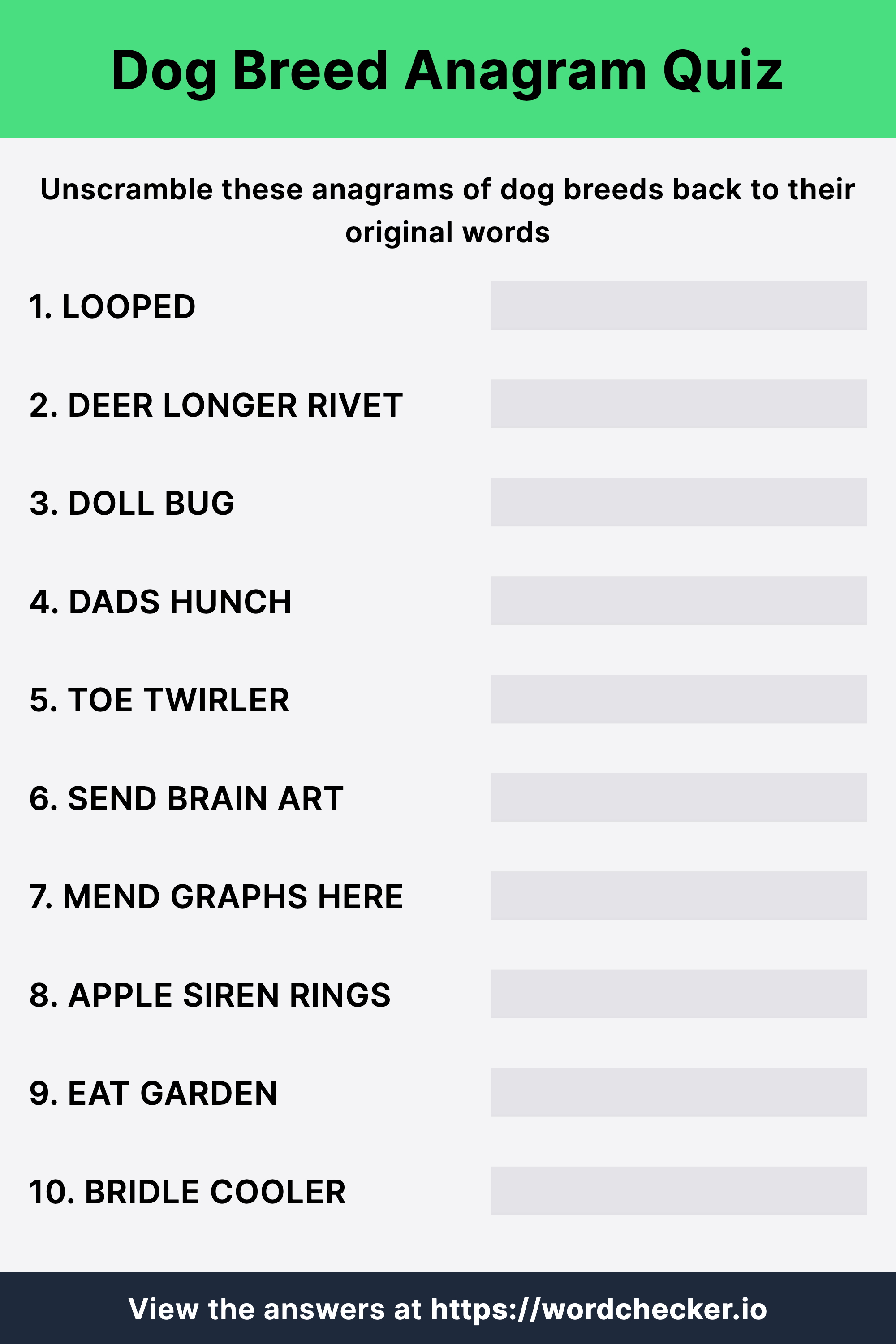 Dog Breed Anagram Quiz Worksheet