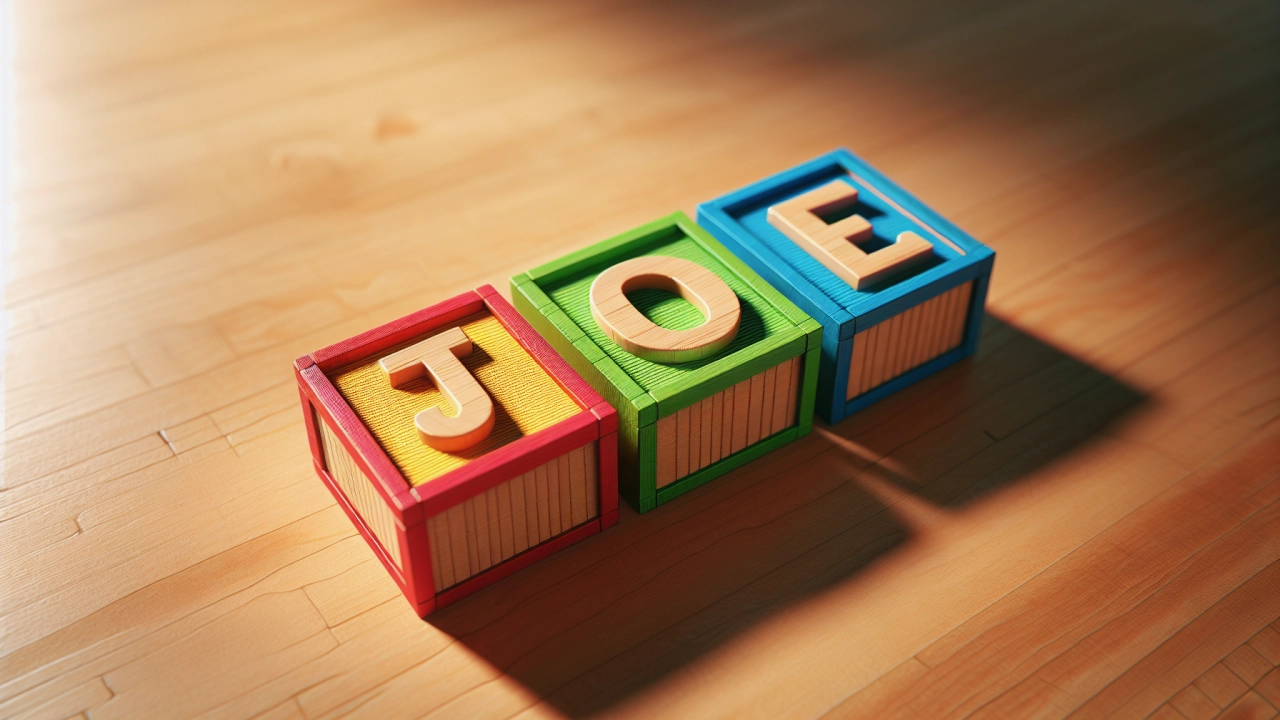 The name Joe spelt out in wooden letter blocks