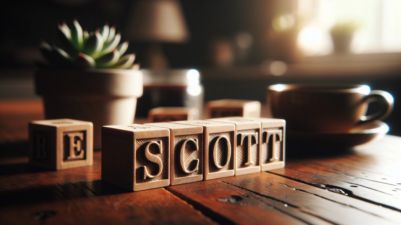 The name Scott spelt out in wooden letter blocks