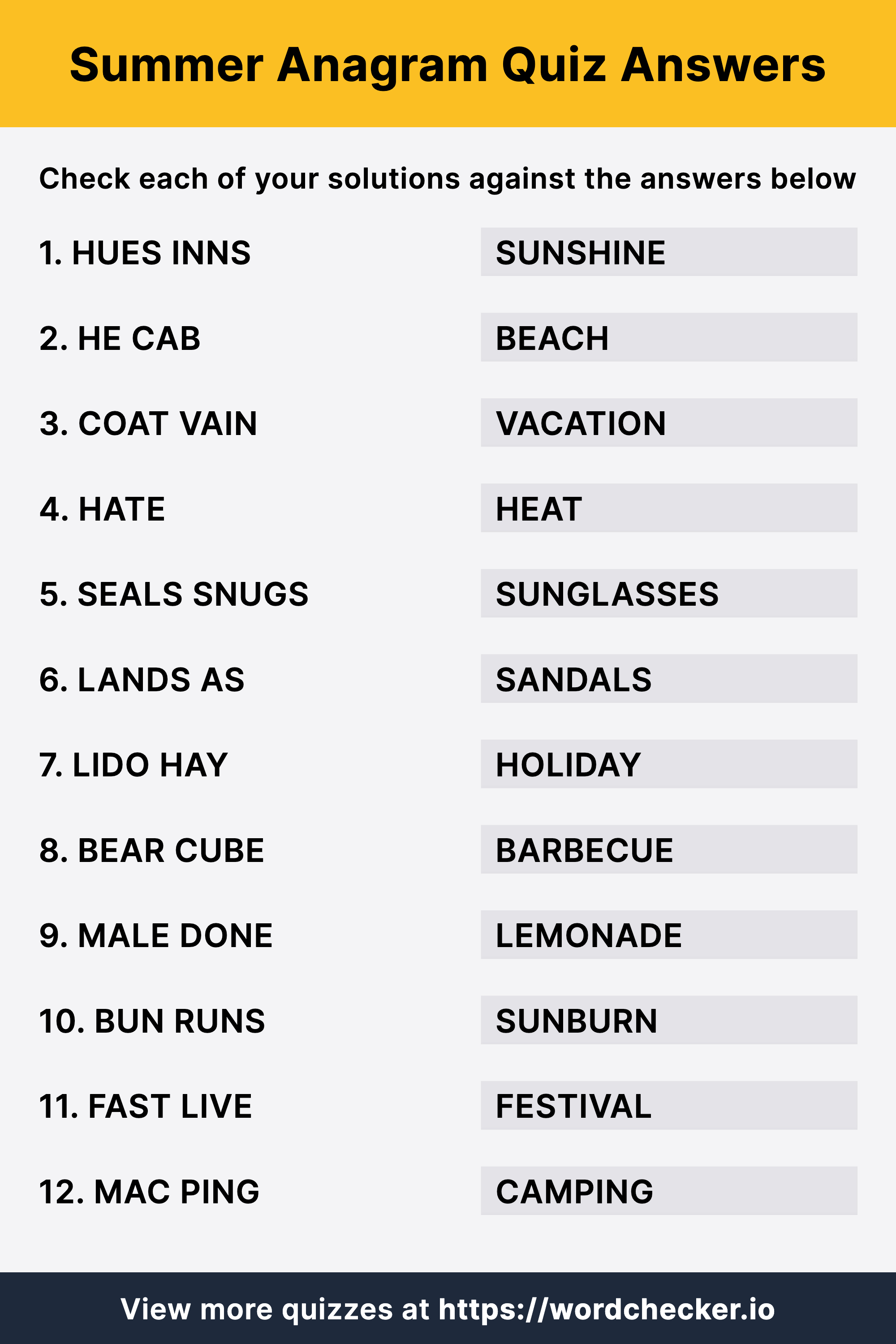 Summer Anagram Quiz Worksheet Answers