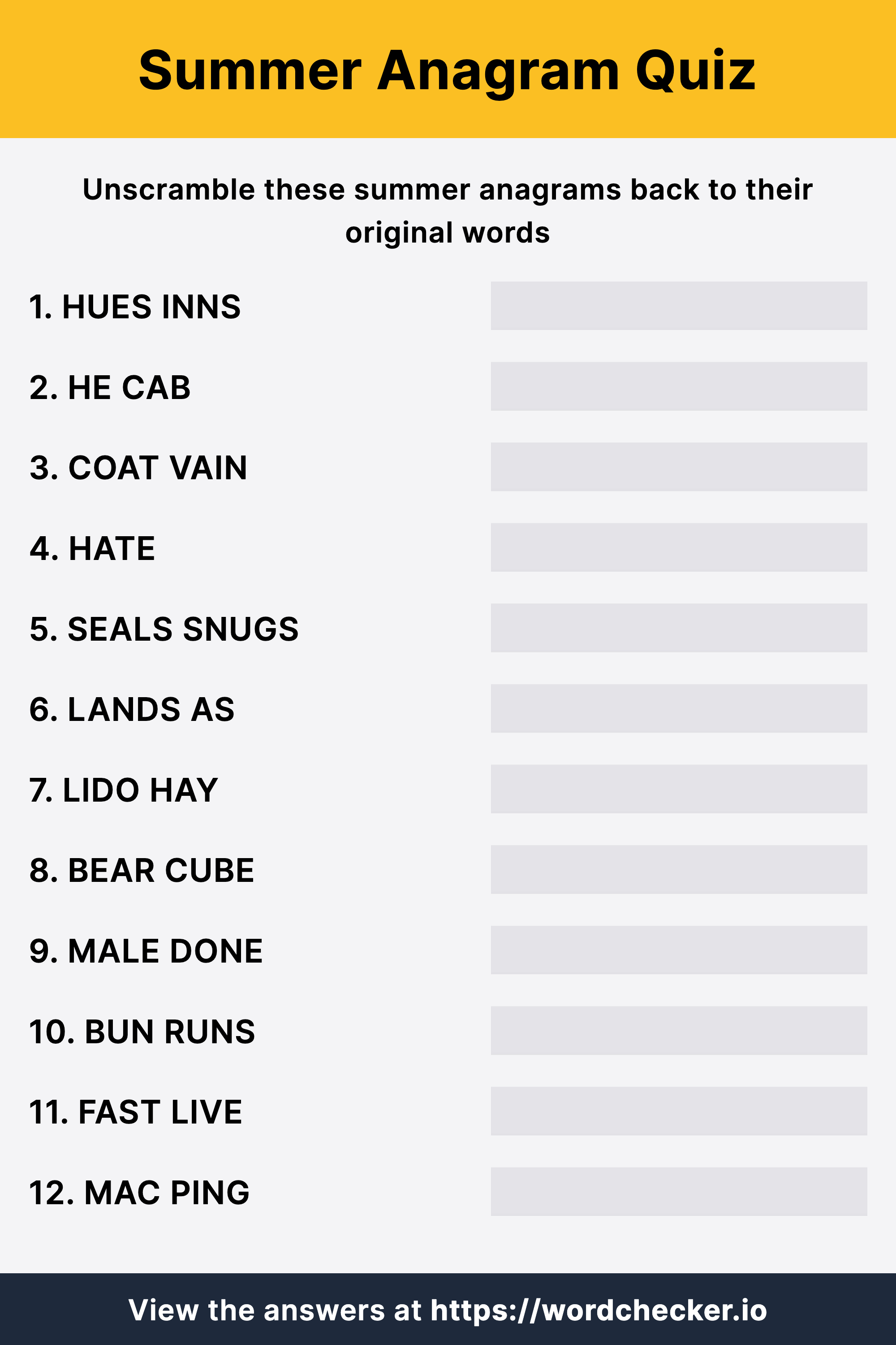 Summer Anagram Quiz Worksheet