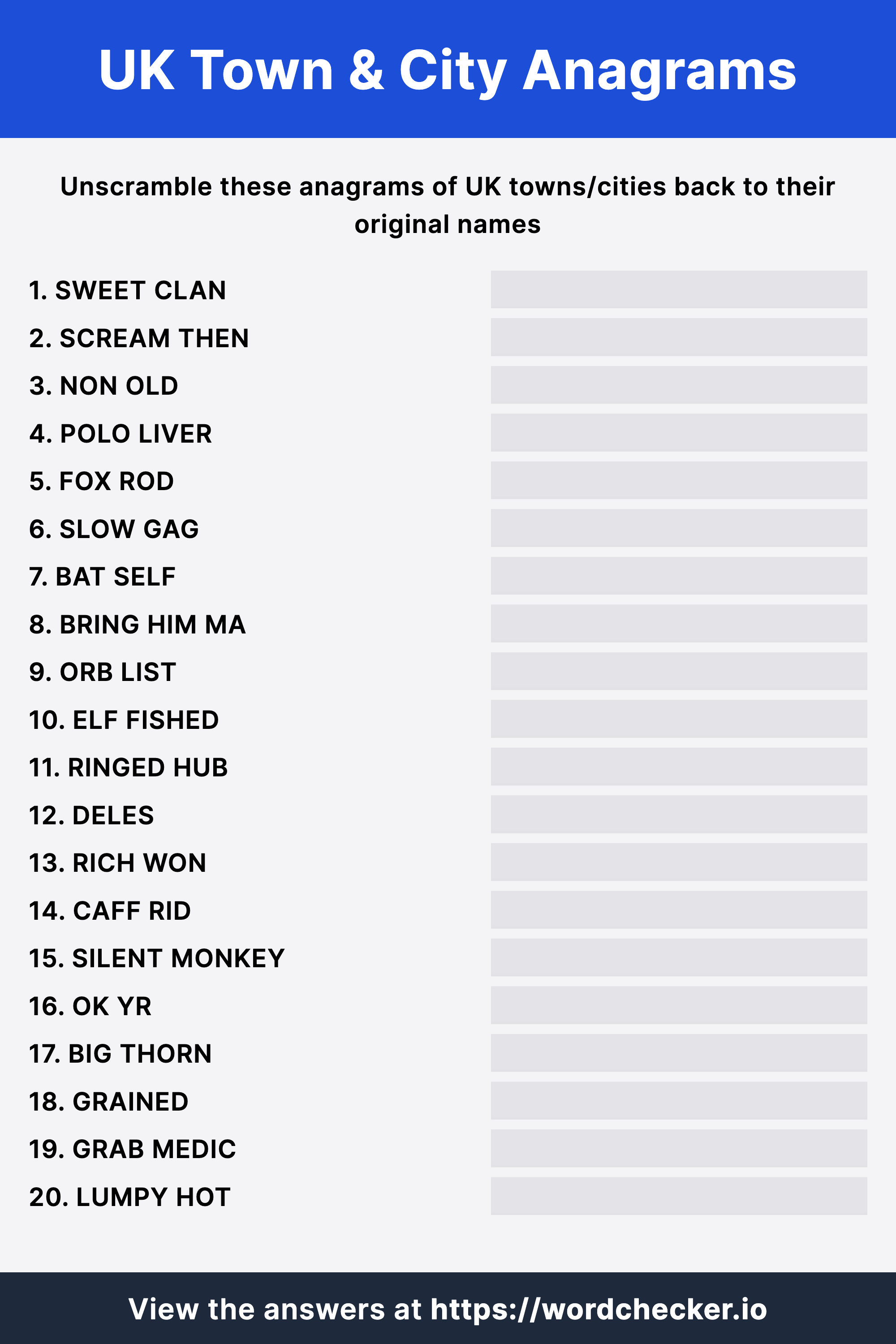 UK Towns & Cities Anagram Quiz Worksheet